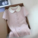 Pink Ice Silk Twist Doll Collar Right Shoulder Short-Sleeved Knitted T-Shirt for Women Summer Small Short Cardigan Top Thin
