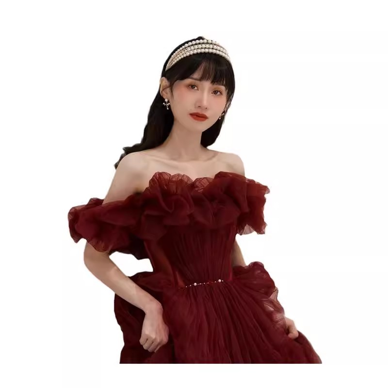 2026 New Style Off-Shoulder Elegant Red Wedding Dress, High-Quality Evening Gown Women For Annual Party, Autumn/Winter_ecoleips.com