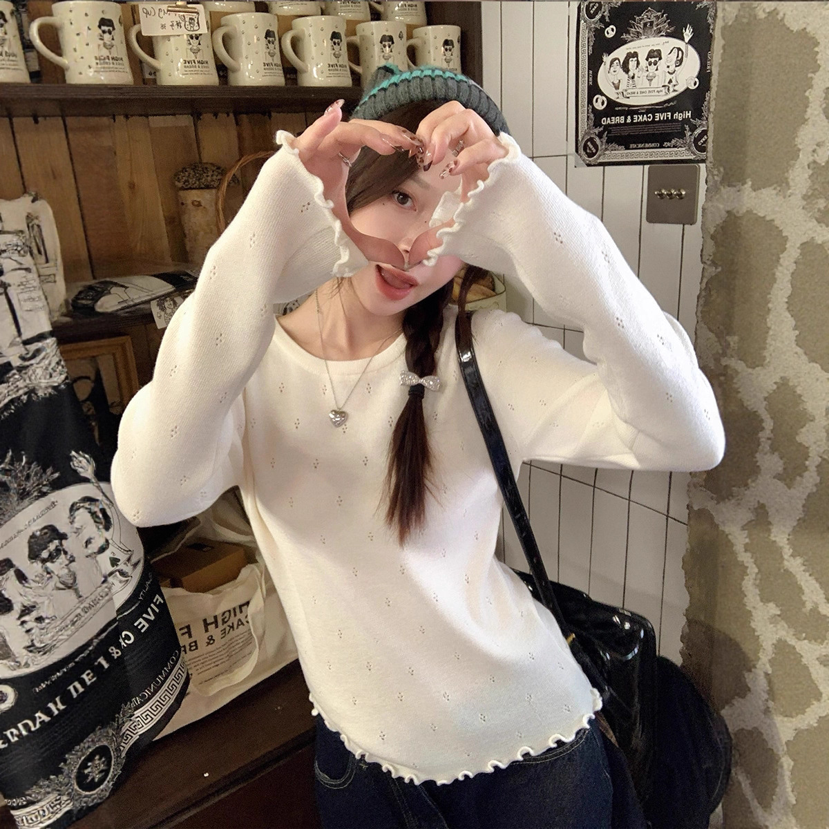 French-Style Gentle Ruffle Knit Sweater for Women, 2025 Spring Round Neck Hollow-Out High-End Versatile Long-Sleeve Sweater Top