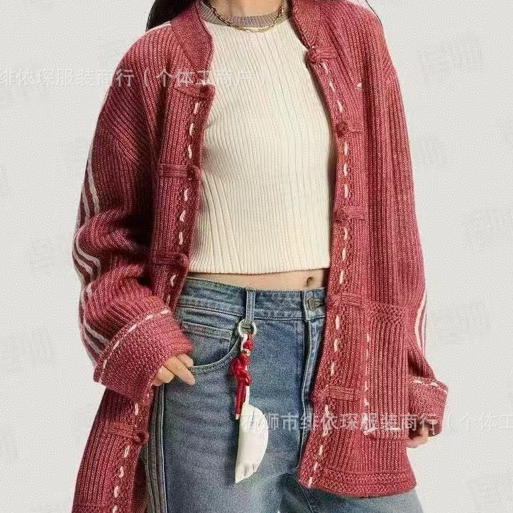 Cross-border top version | AD Li Xian's same style new Chinese-style knitted cardigan for men and women, red trendy couple's jacket