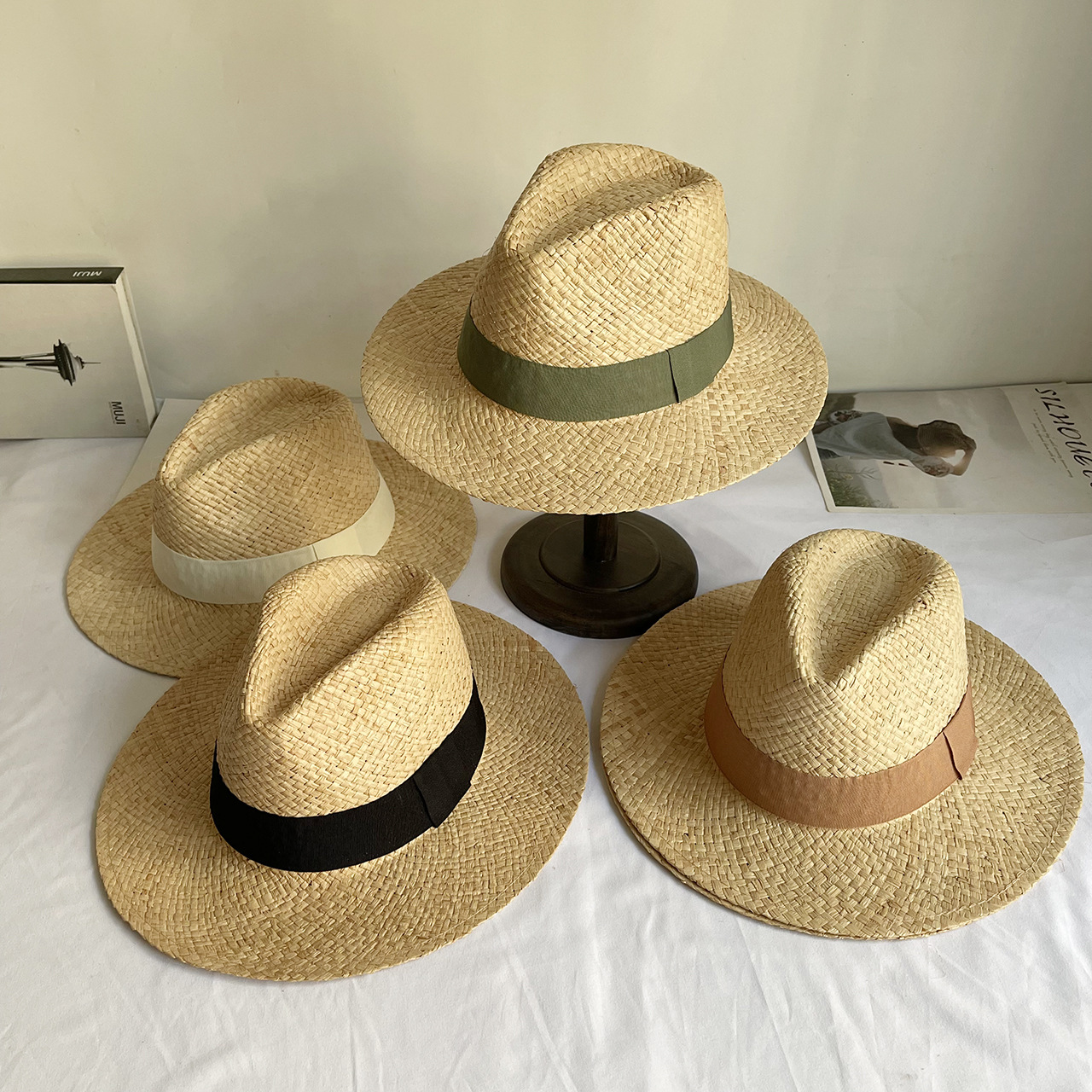 1942g Weight Unisex Vacation Solid Color Flat Eaves Straw Hat