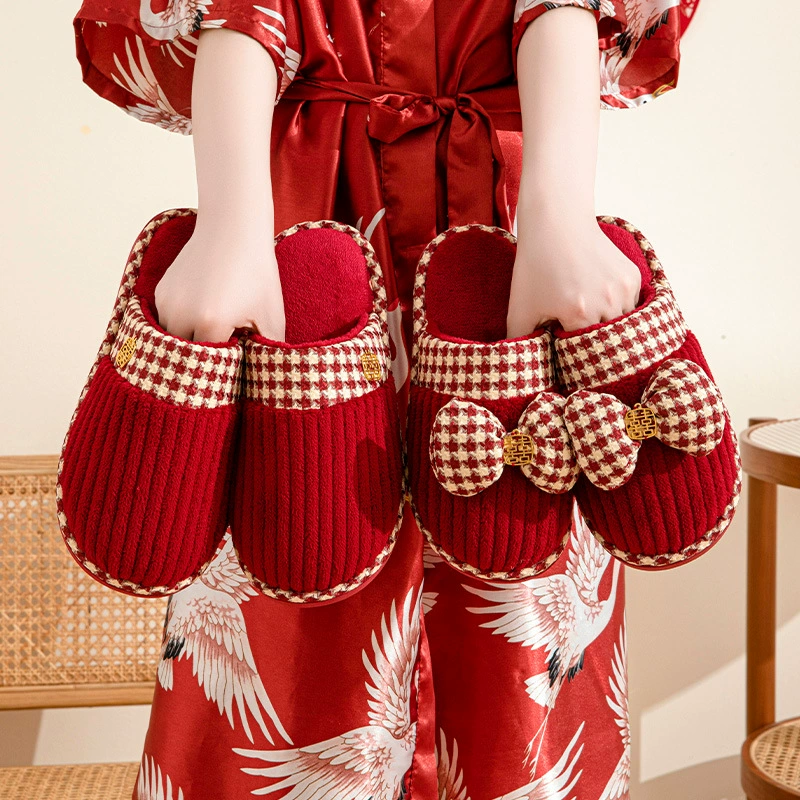 Зимние теплые свадебные хлопчатобумажные тапочки праздничные красные