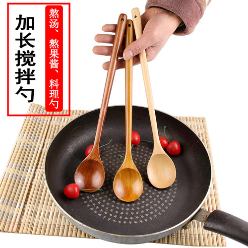 Long-handled wooden spoon for stirring dishes, extended cooking spoon for baby food, wooden ladle for dairy pots—perfect for stir-frying, heat insulation, and serving Korean-style sauces and soups at the dinner table.