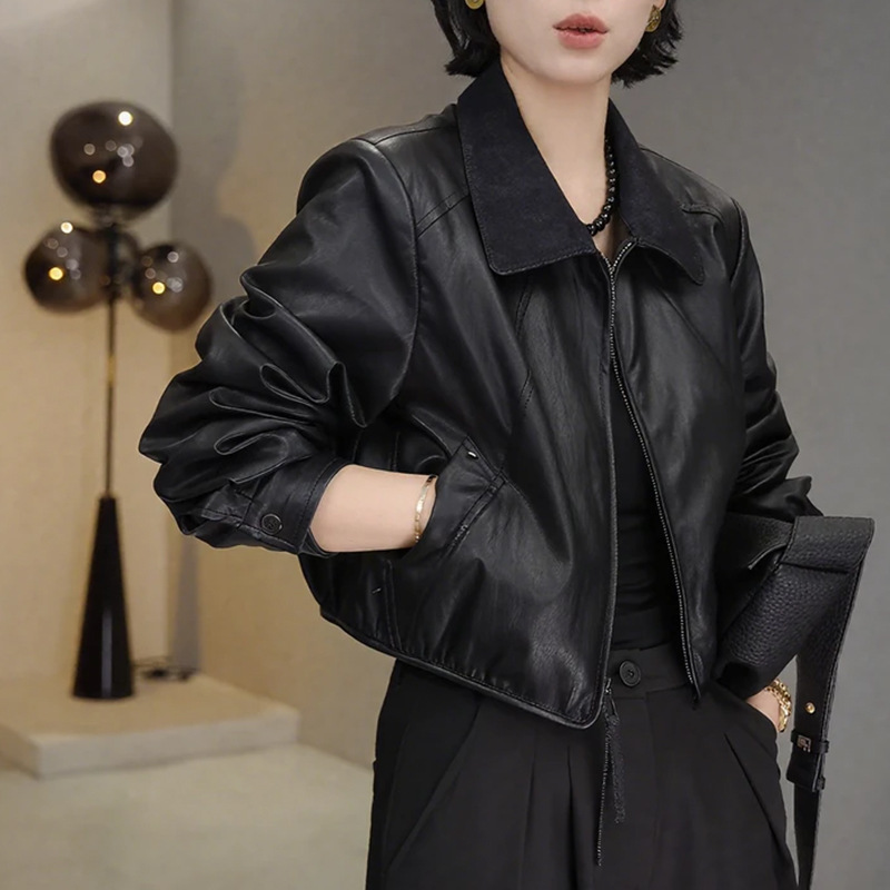 Designed Contrasting Color Leather Jacket, Short Autumn Women's Lapel Casual Versatile Top, Zipper Leather Jacket, Loose