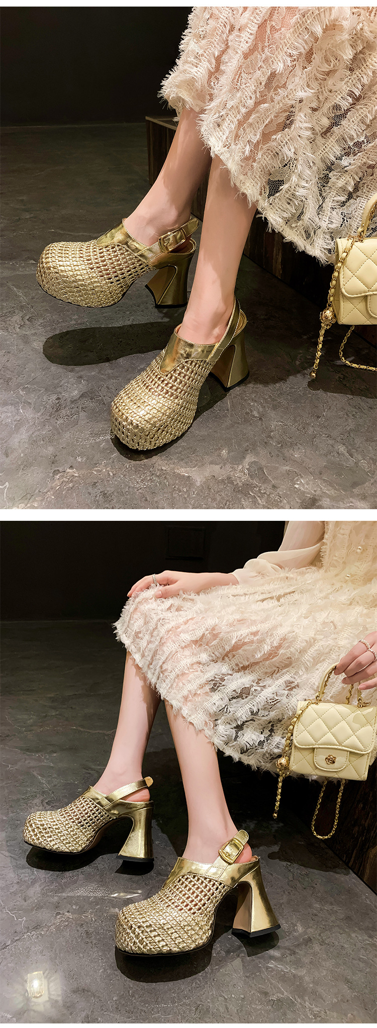 Sandal cao gót nữ đế xuồng platform dệt kim vàng, gót 10 cm, phong cách La Mã — Màu đen, Màu vàng, Màu bạc chi tiết 12