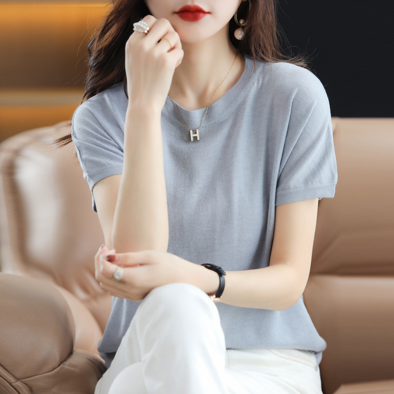 Fine Imitation Wool Thin Sweater Short-sleeved T-shirt Women's Summer New Round Neck Knitted Half-sleeved Pullover Base Top