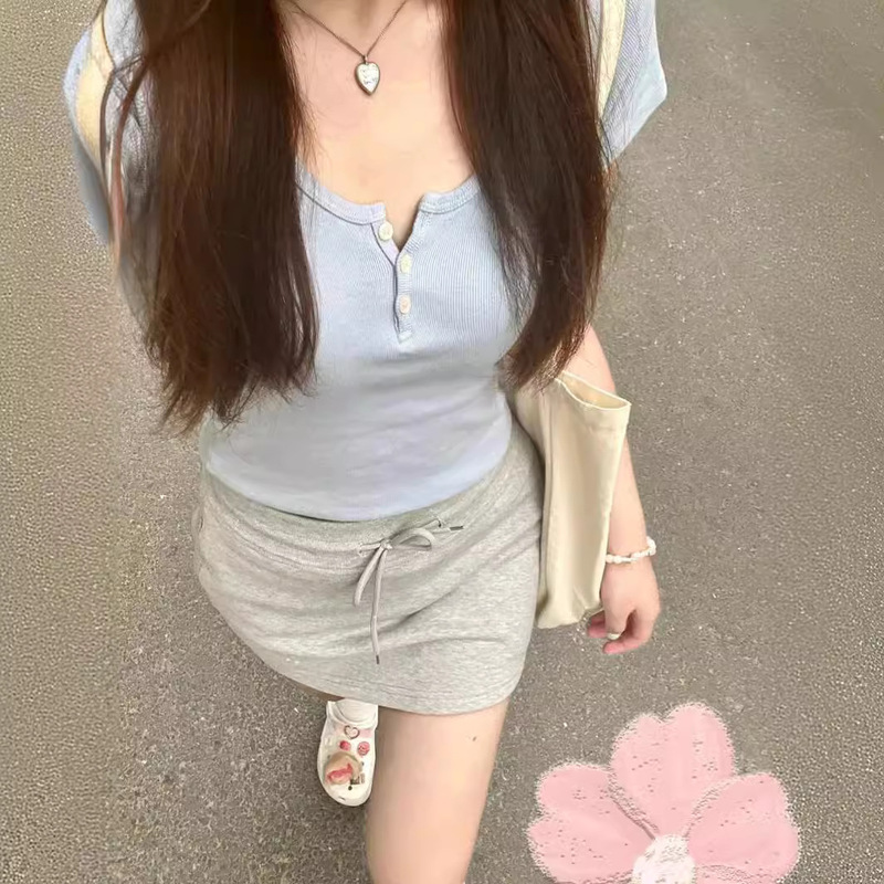 New Blue Three-Button Zelly Top Short-Sleeved T-Shirt Women's Summer Slim-Fit Slimming BM Top Half Cardigan