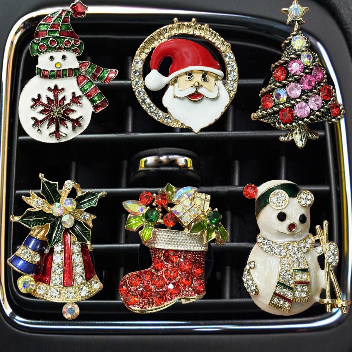 新款合金水钻圣诞款汽车出风口香薰夹雪花 树车载香水空调装饰夹