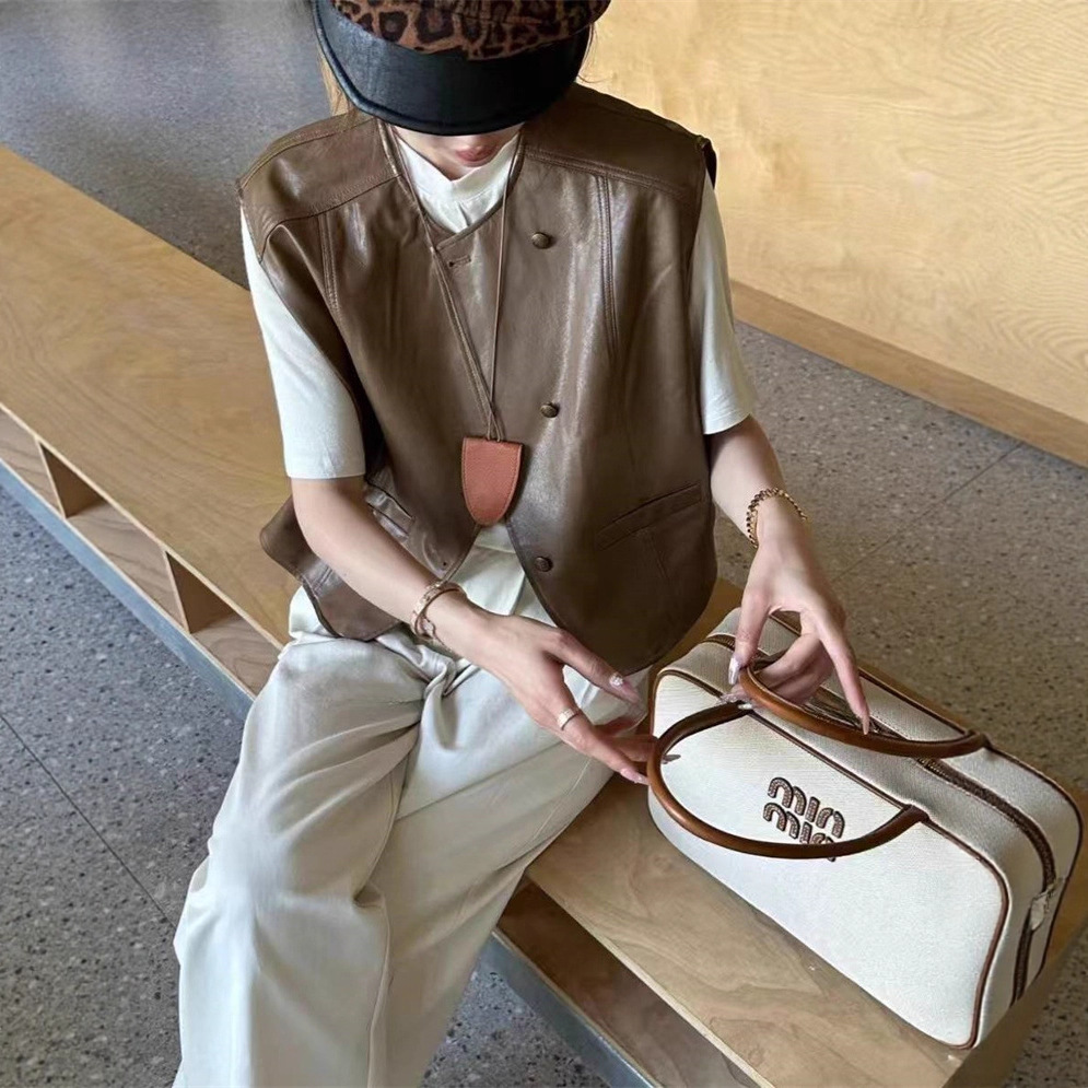 Brown European-Style Irregular Leather Vest, New Autumn Short Sleeveless Casual Leather Jacket