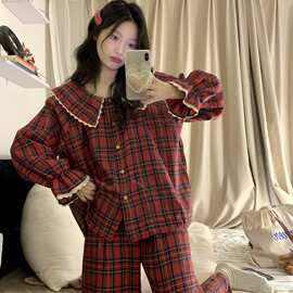 批发货源 圣诞红格子新年款磨毛蕾丝花边拼接家居服套装