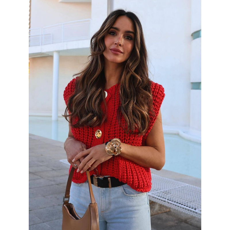 Foreign Trade Multi-color 2025 Spring and Autumn New Women's Clothing European and American Style Pocket Sleeveless Short Knitted Cardigan Vest Shirt