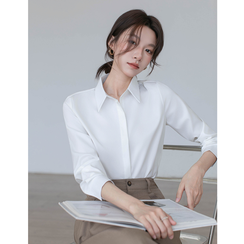 Anti-Wrinkle White Long-Sleeved Shirt for Women, Formal Business Attire, Professional Work Attire, Interview Attire, Small Stature, Straight-Shoulder Shirt