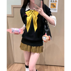 オリジナル学院風JK制服セット日本正規版ひまわり格子スカート早秋校供感黒セーター