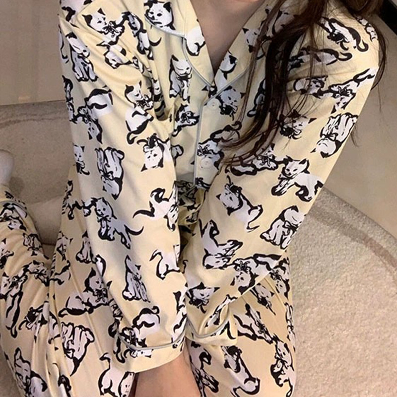 Fashion New Trend Kitten Pattern Autumn Collocation Milk Silk Long-sleeved Trousers Two-piece Home Clothes suit Hair