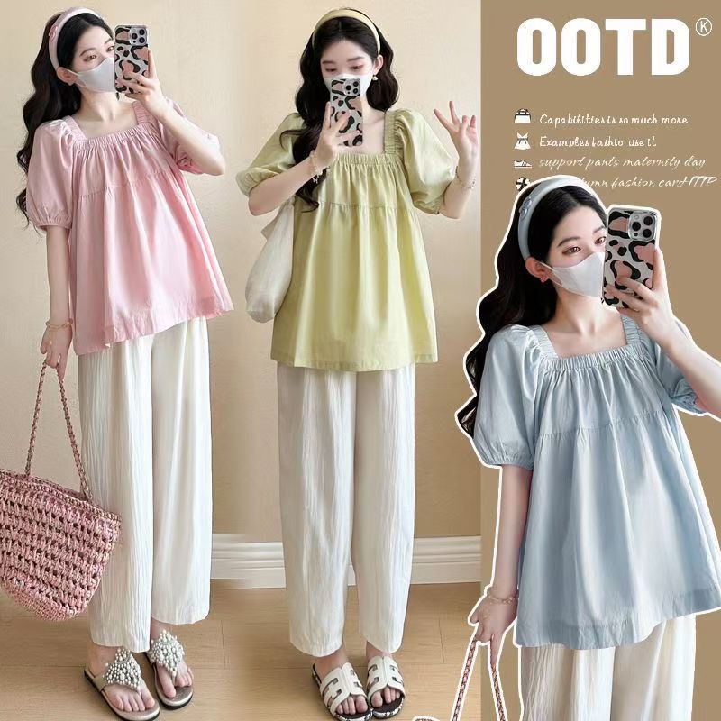 Maternity Wear 2026 Summer New Style Square Collar Loose Belly-Covering Short-Sleeved Shirt Top + Simple Off-White Pants Two-Piece Set