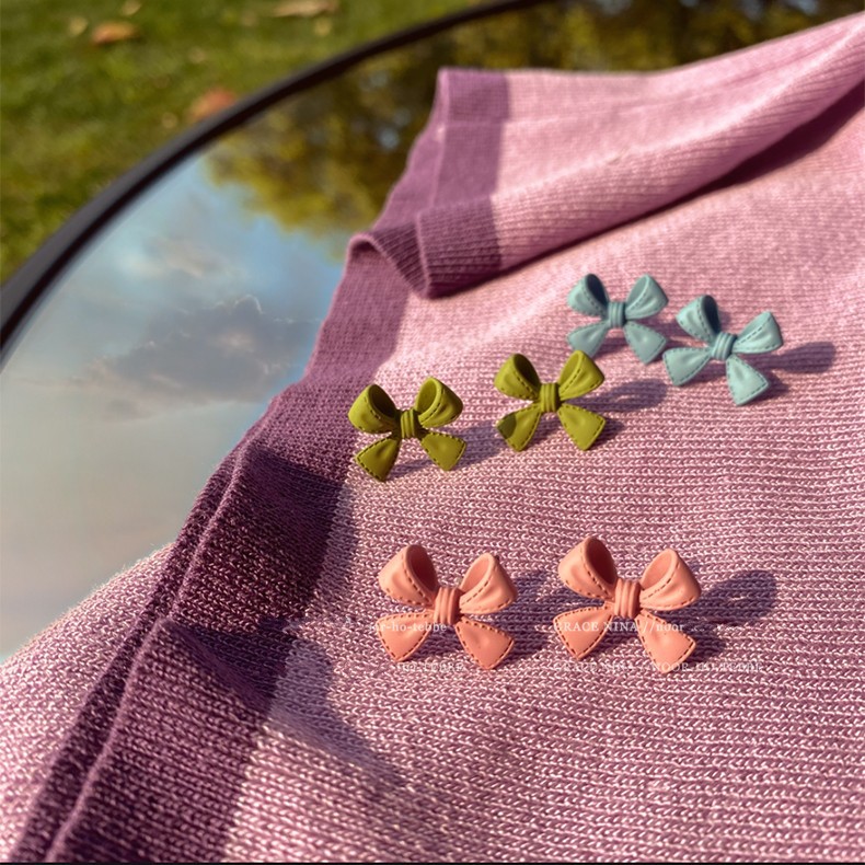 Green, Silver Color Simple Candy Color Small Bow Earrings