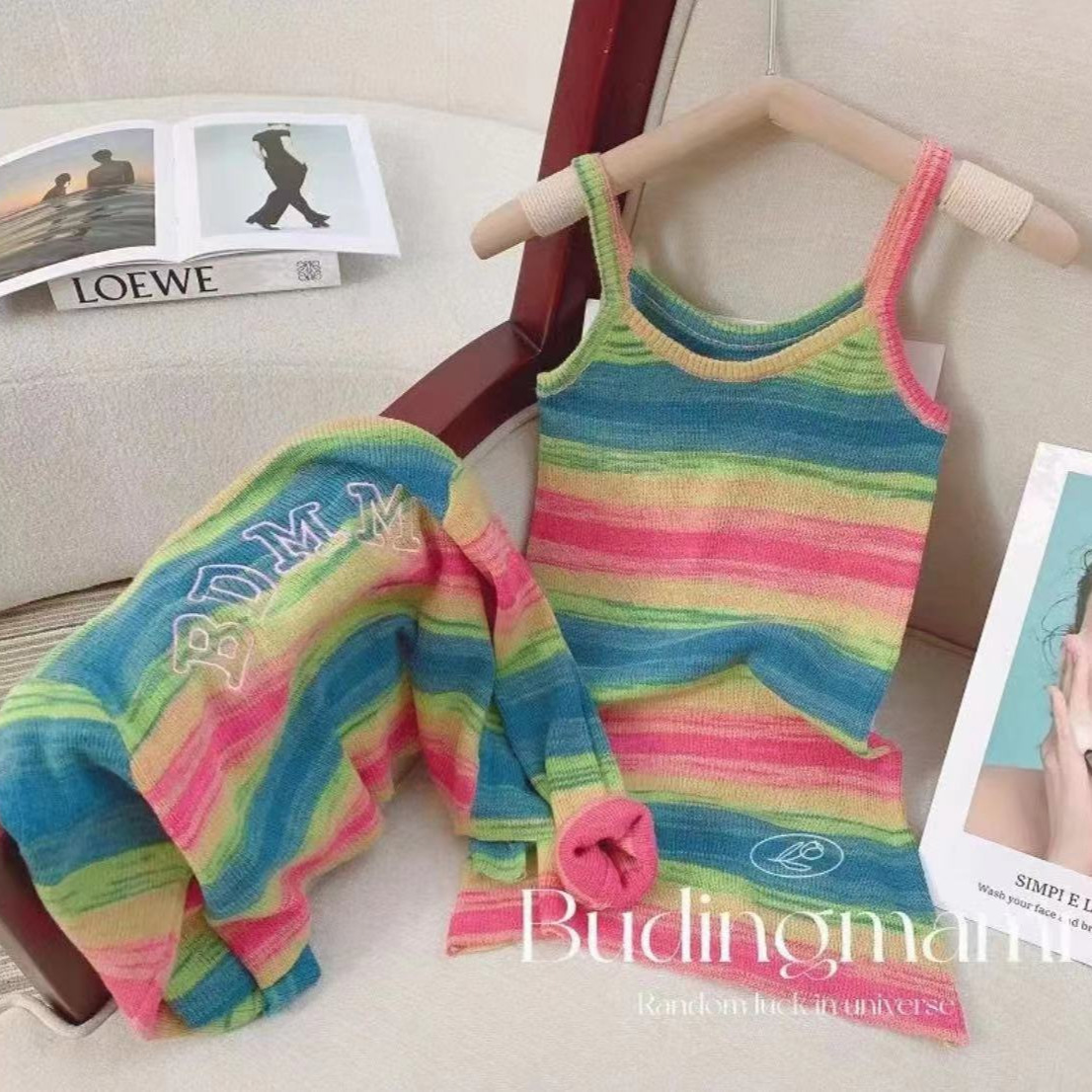 女童彩虹冰丝套装2024新款防晒外套+吊带连衣裙女宝宝韩版两件套