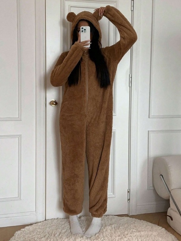 秋と冬の新しいワンピースホーム服ヒョウ柄パジャマコーラルベルベットフード付き耳かわいいジャンプスーツ|undefined