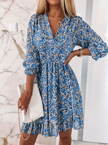 European and American drapes and waist skirts New women's clothes floral dress European and American dress V-neck