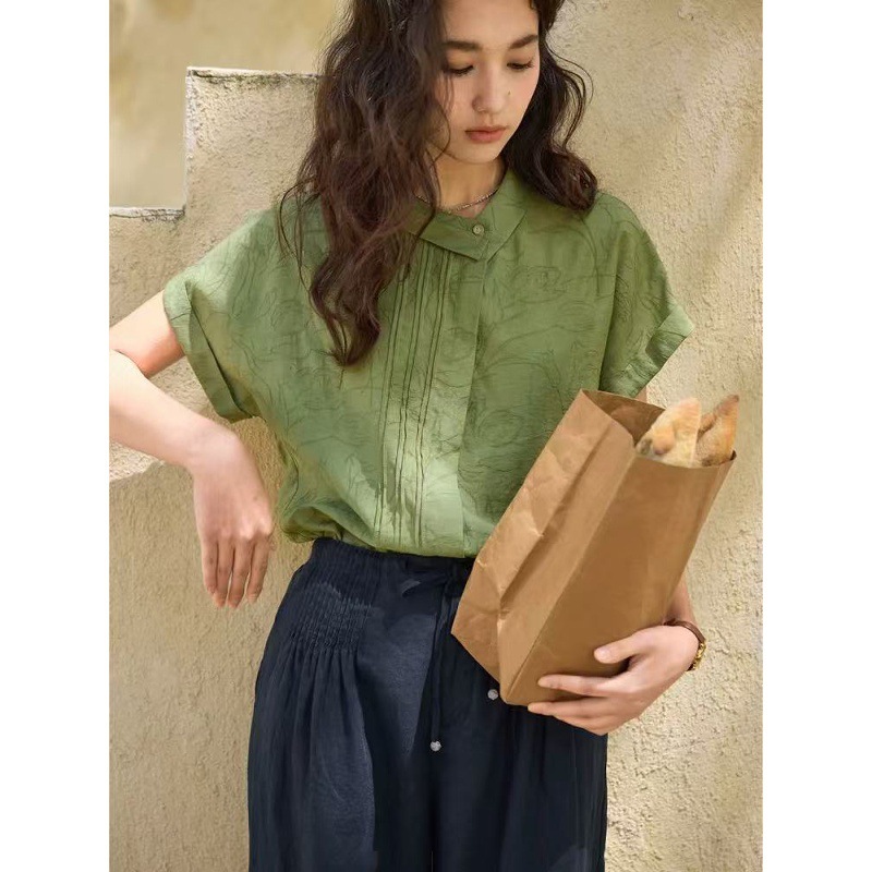 solighter French linen jacquard asymmetric collar shirt for women, summer 2026 new short-sleeve top