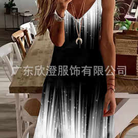 2022新款印花/渐变色无袖直筒连衣裙及膝休闲/度假V领连衣裙