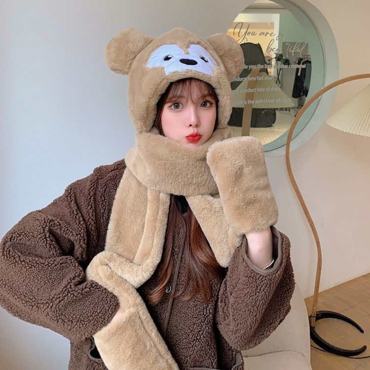 达熊围巾帽手套三件套一体秋冬护耳防风保暖显白小清晰毛绒帽子潮|ru