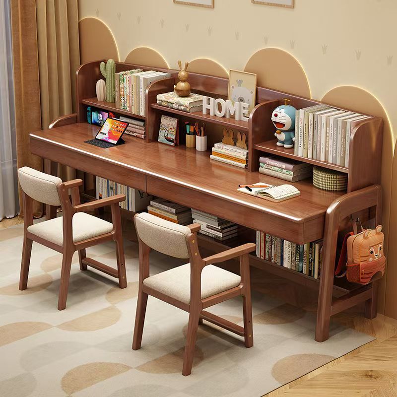 Solid Wood Double Desk with Integrated Bookshelf for Home Use, Two-Person Student Computer Desk, Extended Bedroom Children's Study Desk