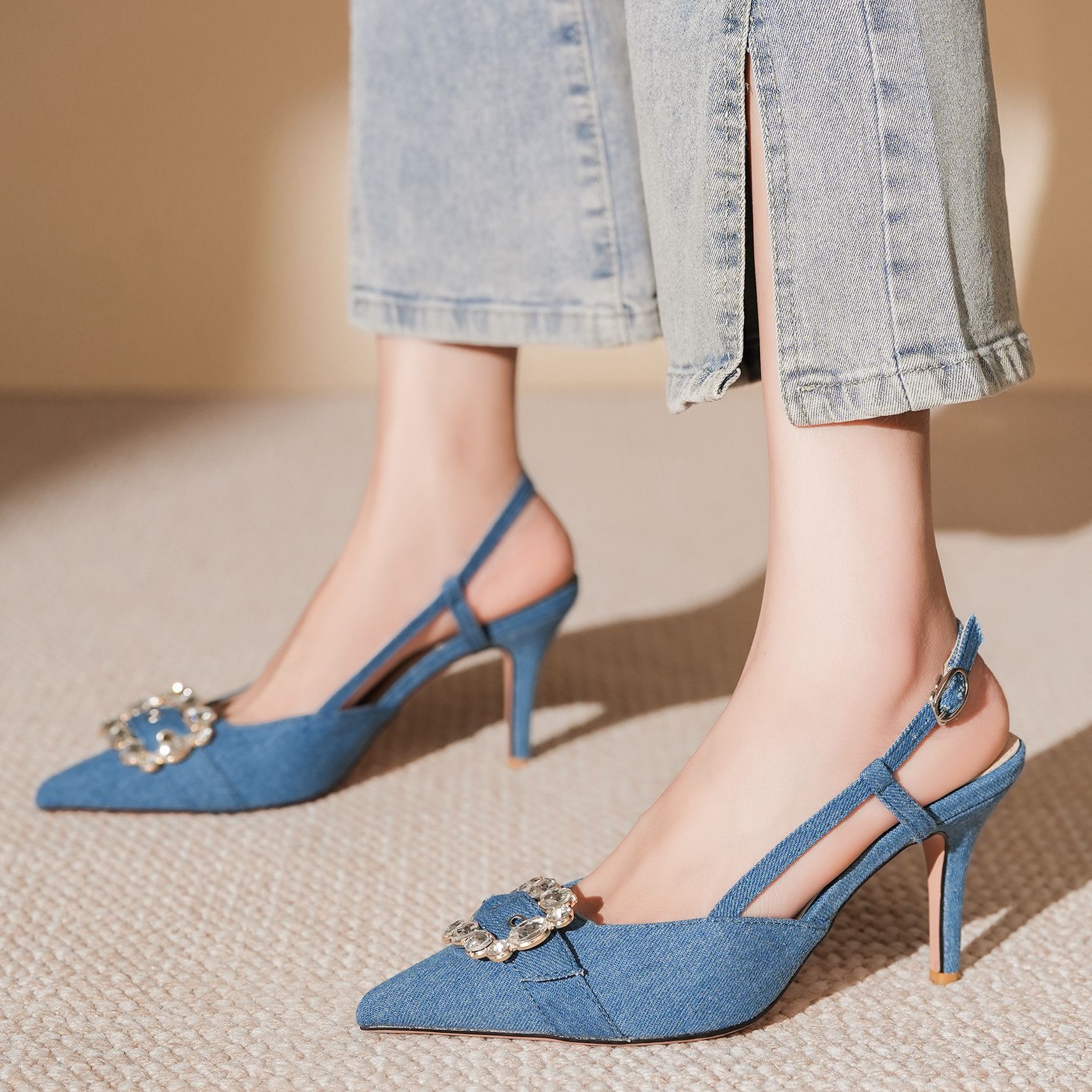 7755-5 Denim Blue Style Belt Buckle Closed Sandals Front Open Back Thin Heel High Heels Commuting_voghion.com