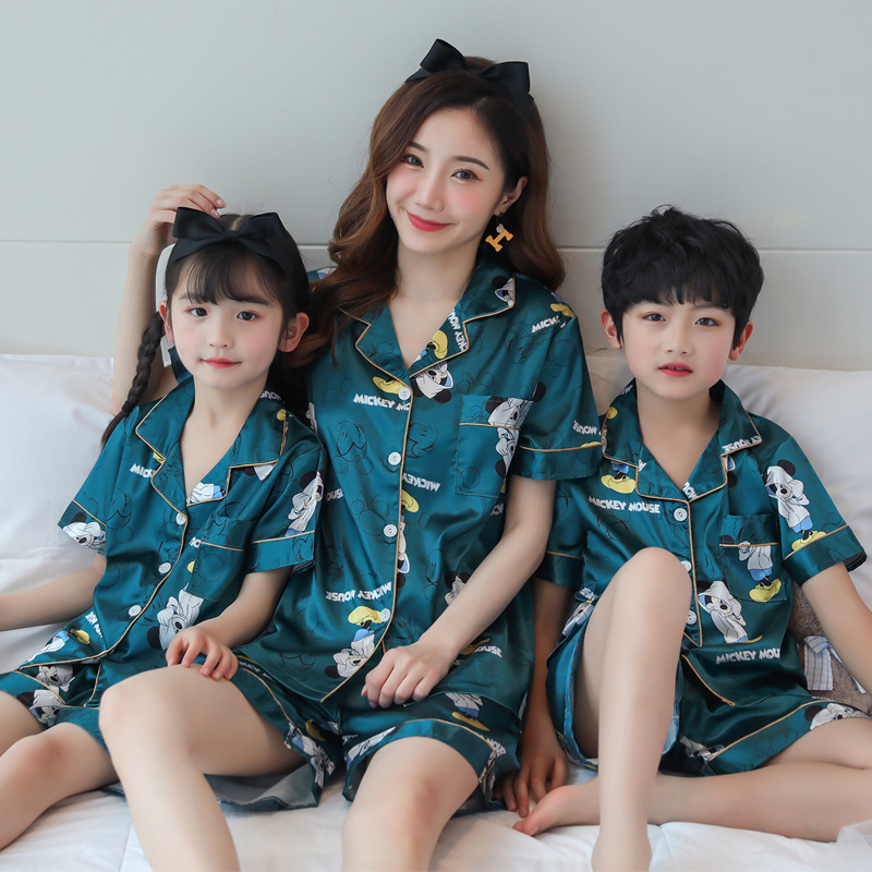 Parent child summer short sleeve girls' pajamas ice silk baby big children's summer air conditioning clothes children's home clothes set