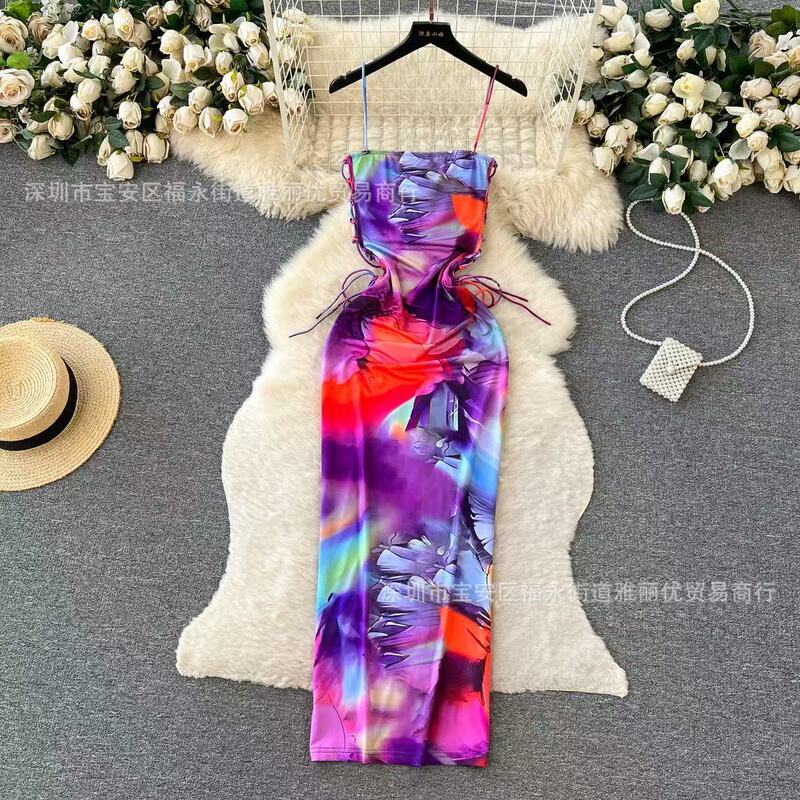 Amazon European and American Style Dresses 2026 New Tie-Dye Irregular Sexy Spaghetti Strap Dress for Women, Direct from Manufacturer