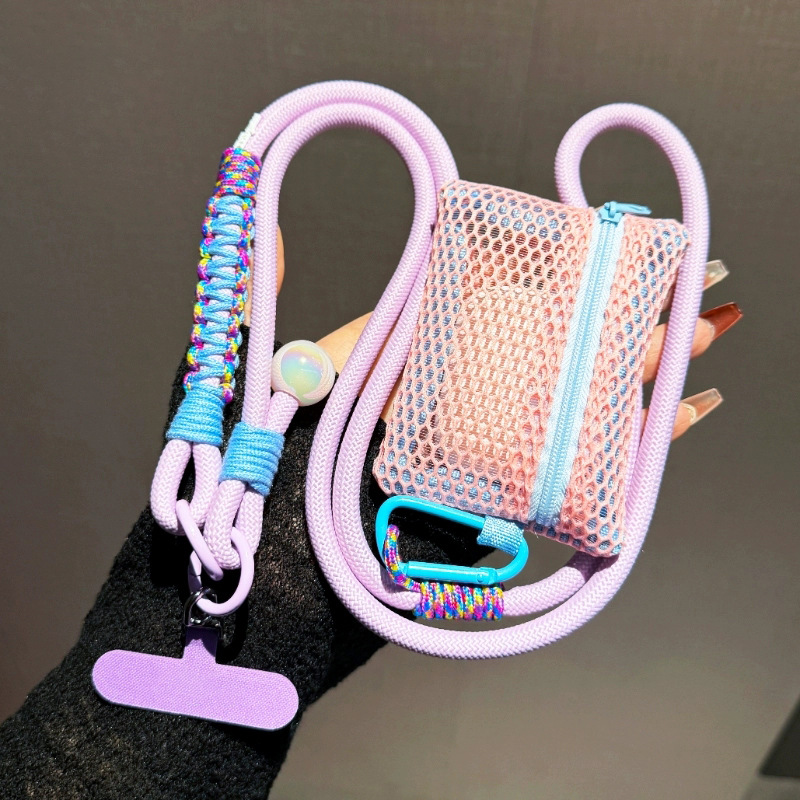 New Nylon Lanyard Cosmetic Bag Dopamine Mesh Tofu Bag Ultra-Light Mesh Miscellaneous Storage Small Bag Multi-Purpose