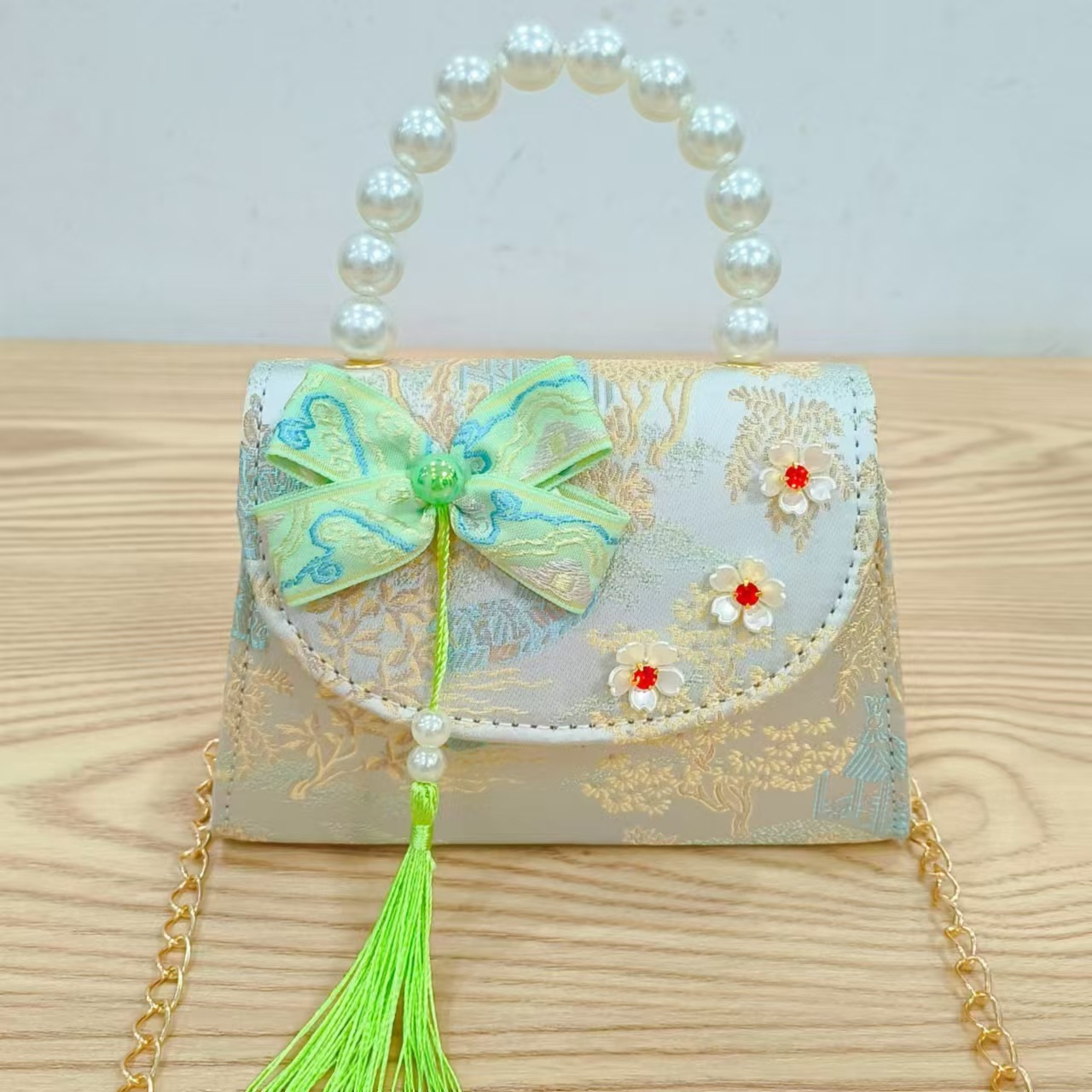 Bolsas de niños arco de estilo chino bordilla accesorios de niñas bolsas de mano princesa de perlas bolsa de cambio