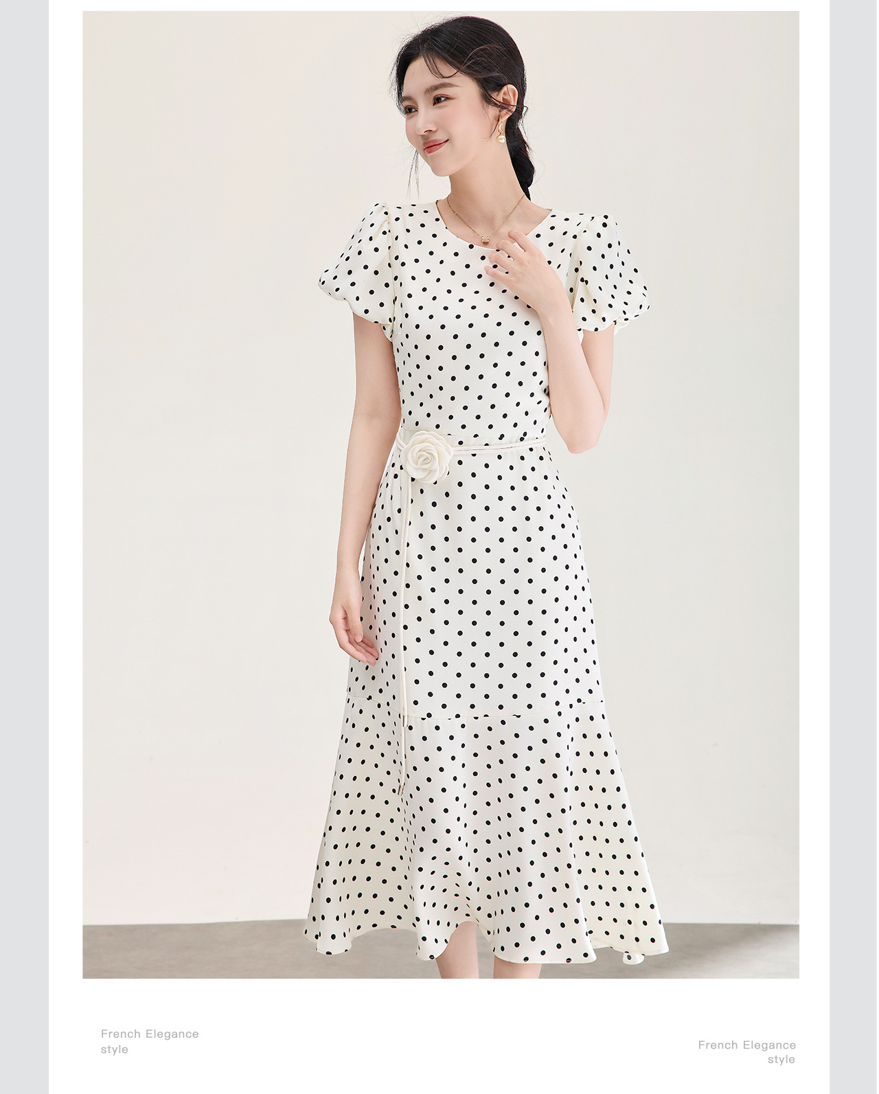 Đầm maxi nữ thắt eo họa tiết hoa hồng chấm bi phong cách Pháp — Điểm Apricot chi tiết 8
