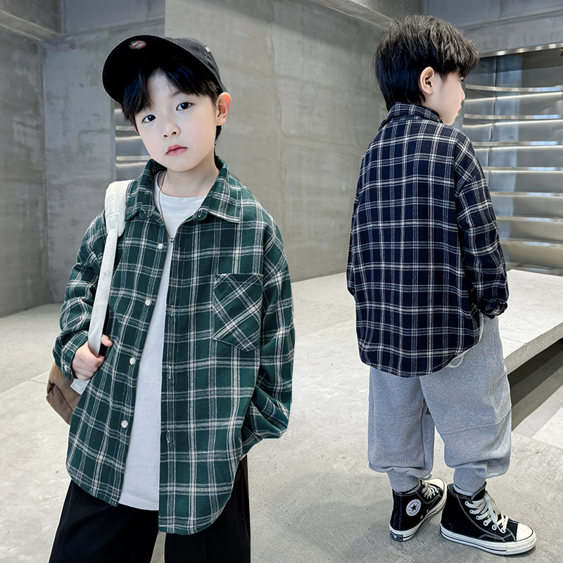 Boys' spring trendy cool plaid shirt coat 2024 new children's fashionable casual windbreaker middle and big children's jacket