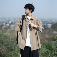 日系city boyシャツ男子夏カーキ色レトロ半袖シャツ高級感痞帅カジュアルコート