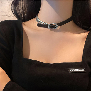 Y2K Style Personalized Creative Genuine Cowhide Rope Spliced Titanium Steel Chain Necklace Women Ins Hip Hop Disco Nightclub Collar