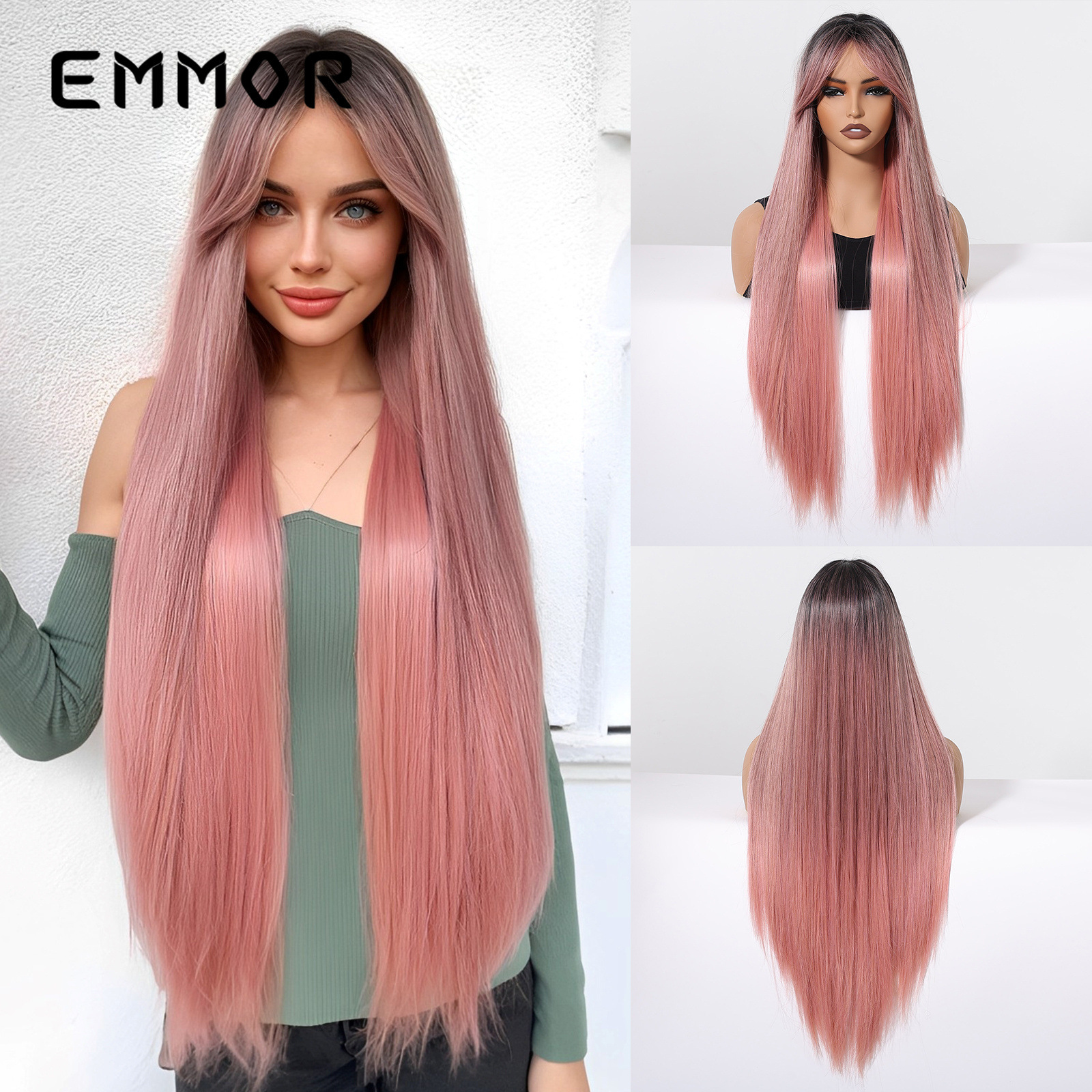 Peluca tipo de cabello completo europeo y americano transfronterizo de ocho caracteres flequillo degradado rosa temperamento natural cabeza alta cabello largo y liso wigs