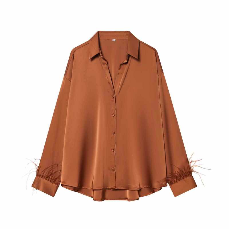 Cross-Border Foreign Trade Women's Clothing Autumn European and American Style Satin Shirt Top with Feather Decoration on the Cuffs for Women Cross-Border Foreign Trade Women's Clothing Autumn European and American Style Satin Shirt Top with Feather Decoration on the Cuffs for Women