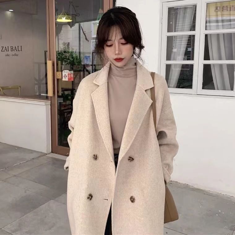 Autumn and Winter Elegant Korean Style Mid-Length Double-Sided Wool Pure Color Woolen Outwear Women's Fashionable Cocoon-Shaped Woolen Outwear