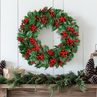 Christmas Green Leaves and Red Fruit Decorative Garland Cross-Border Simulated Berry Decoration Christmas Vine Circle Window Decoration Wall Hanging