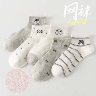 灰白条纹波点短袜女春秋薄款网眼浅口袜卡通小狗蝴蝶结日系船袜