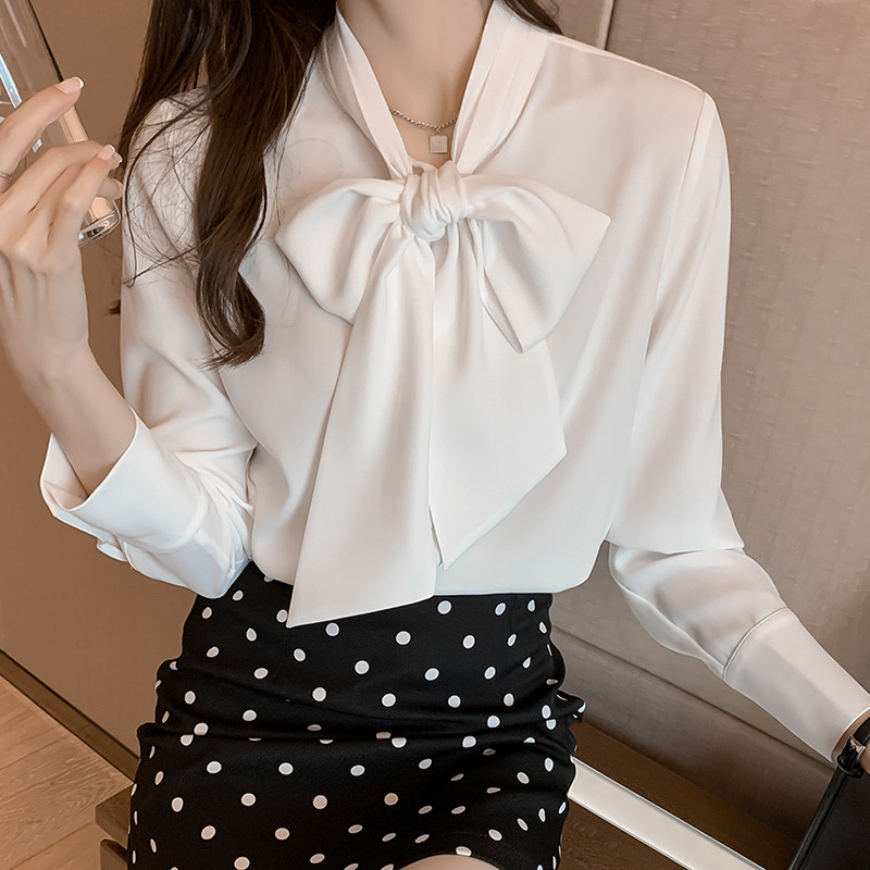 2021 spring new French long-sleeved temperament collar chiffon shirt bow loose white shirt concession