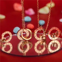 韩版电镀玫瑰金色项链简约个性钛钢饰品双环镶南非真钻锁骨链批发