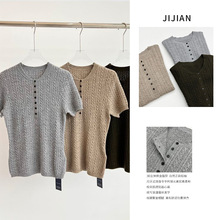 BASIC纯绵羊毛蕾丝绞花短袖罗纹领针织衫25年秋新多色正肩打底衫