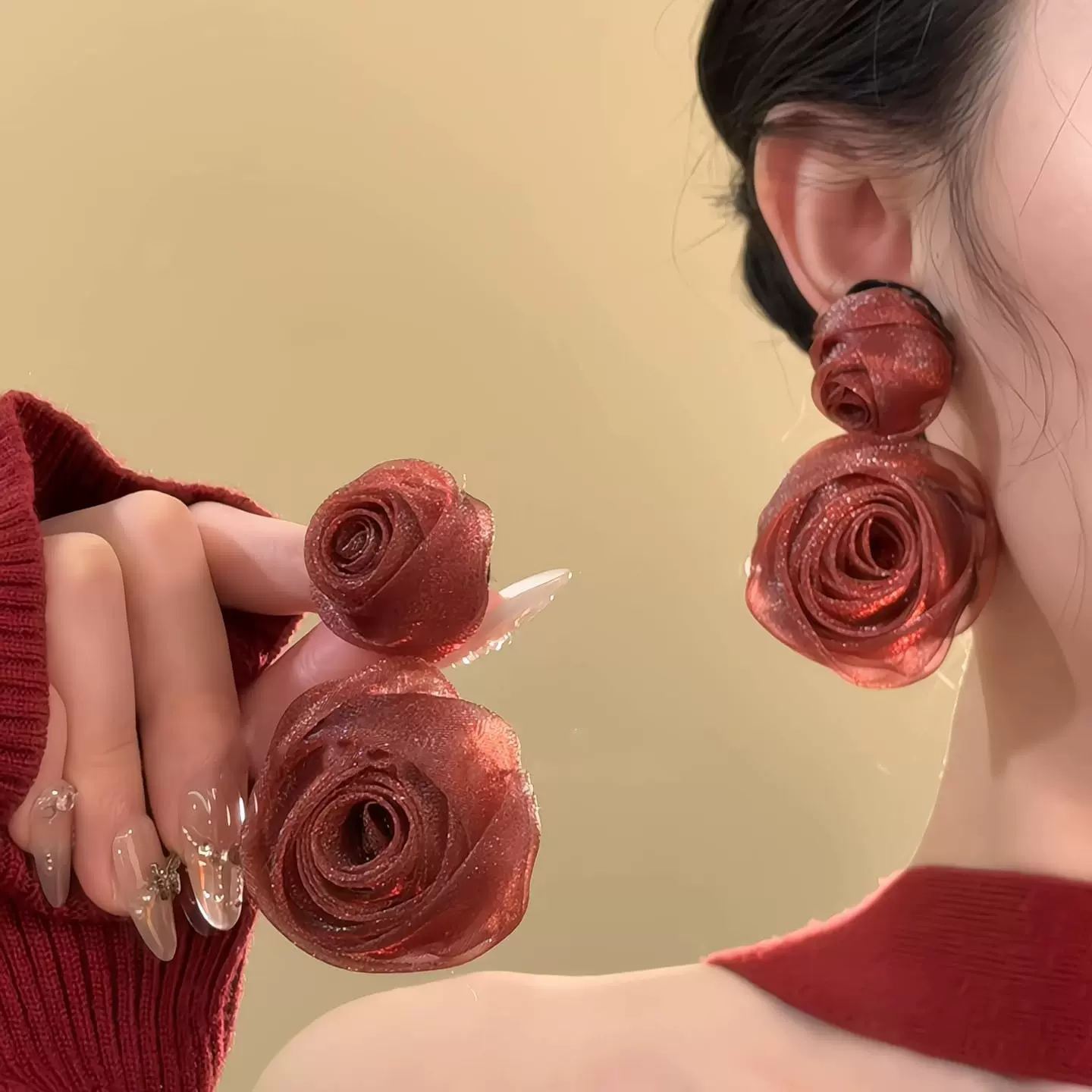 2025年新款复古玫瑰网纱耳钉秋冬独特漂亮耳钉高级感新娘耳饰女