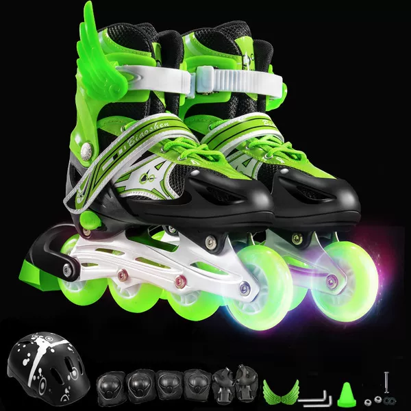 Green shoes, protective gear, helmet, set