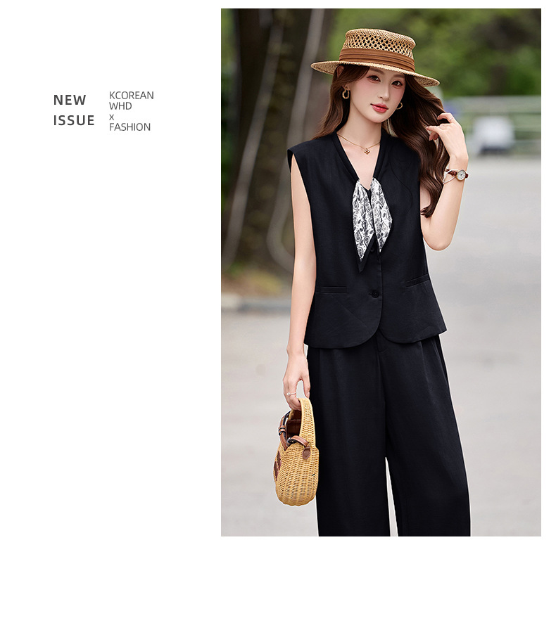 Bộ vest nữ gồm áo gile và quần tây ống đứng cạp cao — màu đen, màu cam, màu trắng ngà chi tiết 26