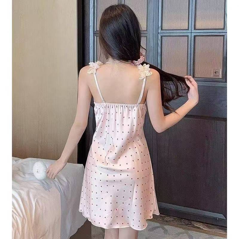 French-Style Lace Polka Dot Nightgown with Breast Pads, Sweet Pink Sleepwear — detail image 4