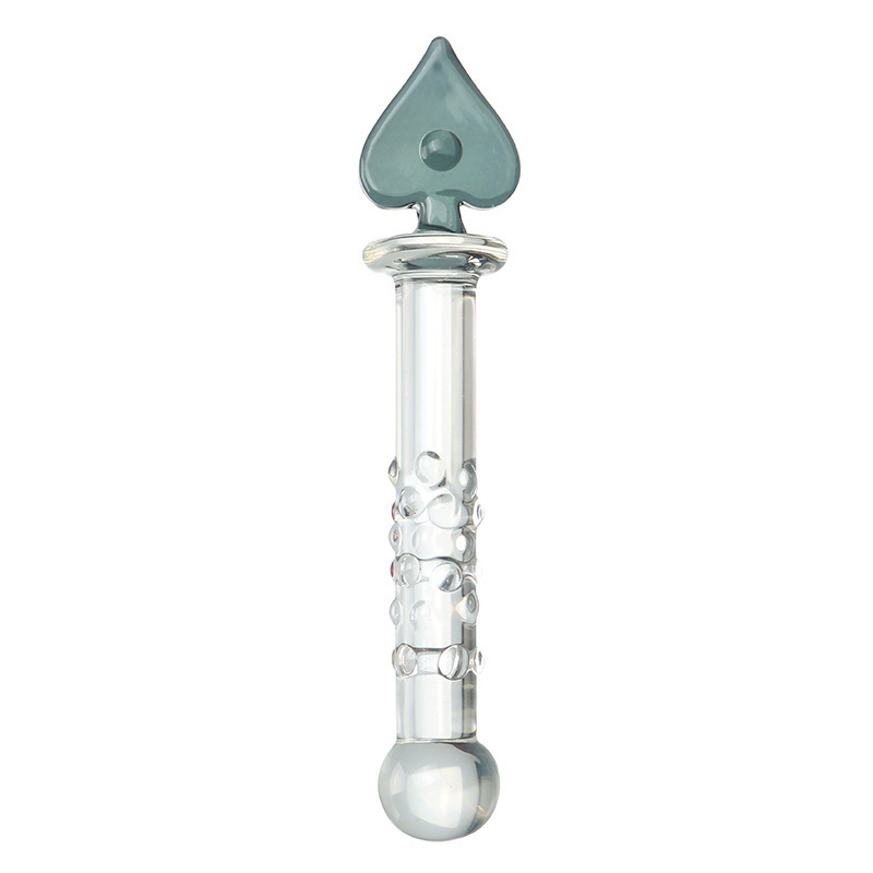 Glass Anal Plug with Poker Card Crystal Design, Bumps and Threads Texture, Transparent — detail image 6