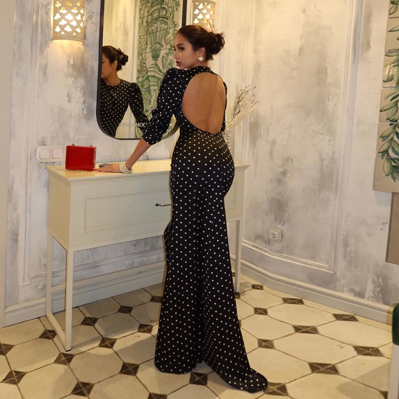 YJ25398圆领波点性感露背长袖鱼尾长裙女 欧美跨境新款气质连衣裙